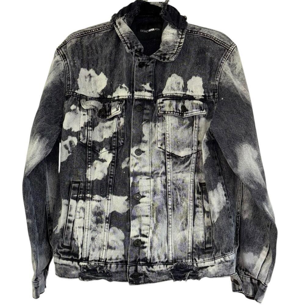 Fashion Nova Travis Bleached Denim Jacket Black Distressed Men’s M Casual Coat